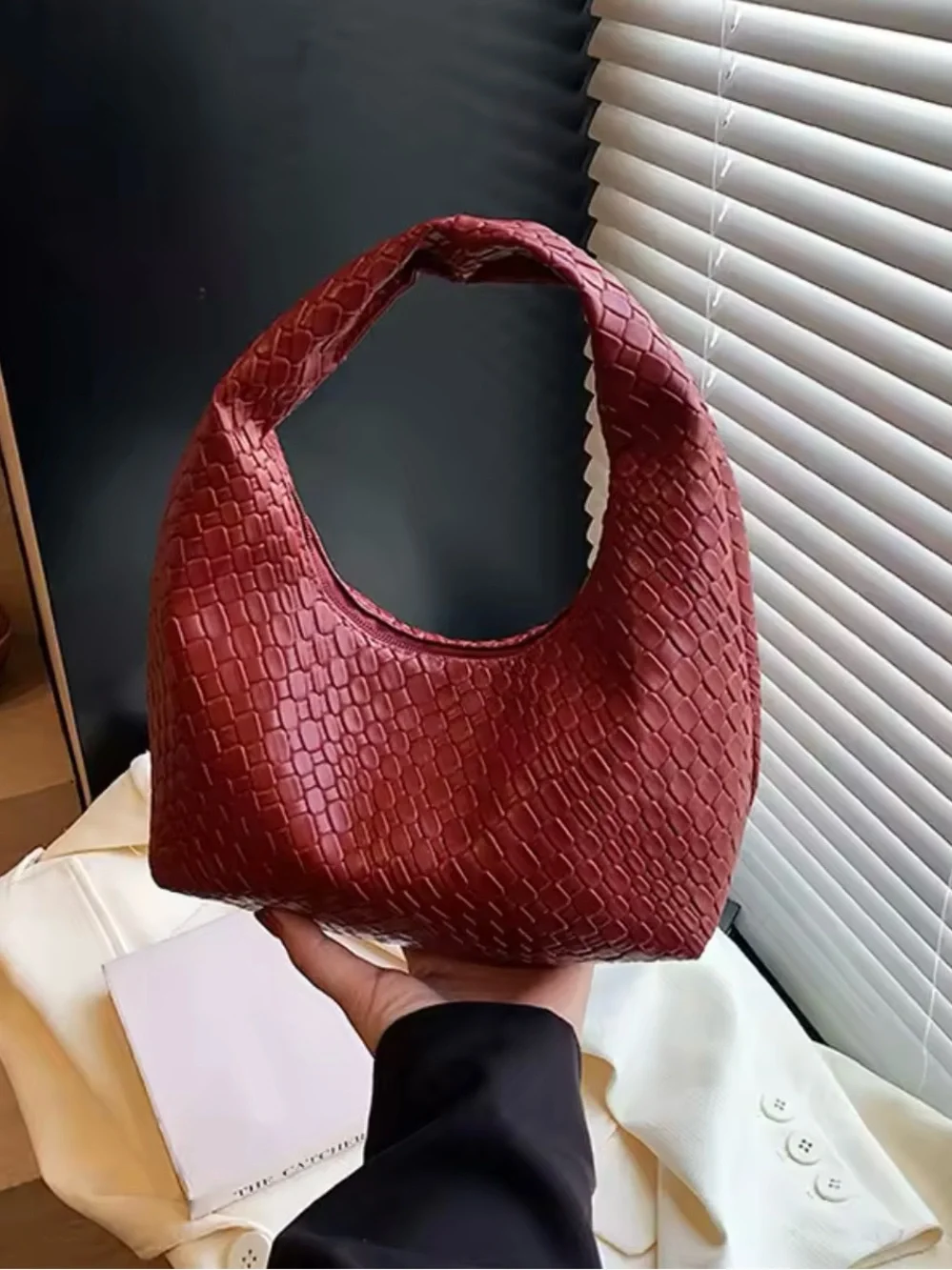 Woven Crescent Shoulder Bag in Rust